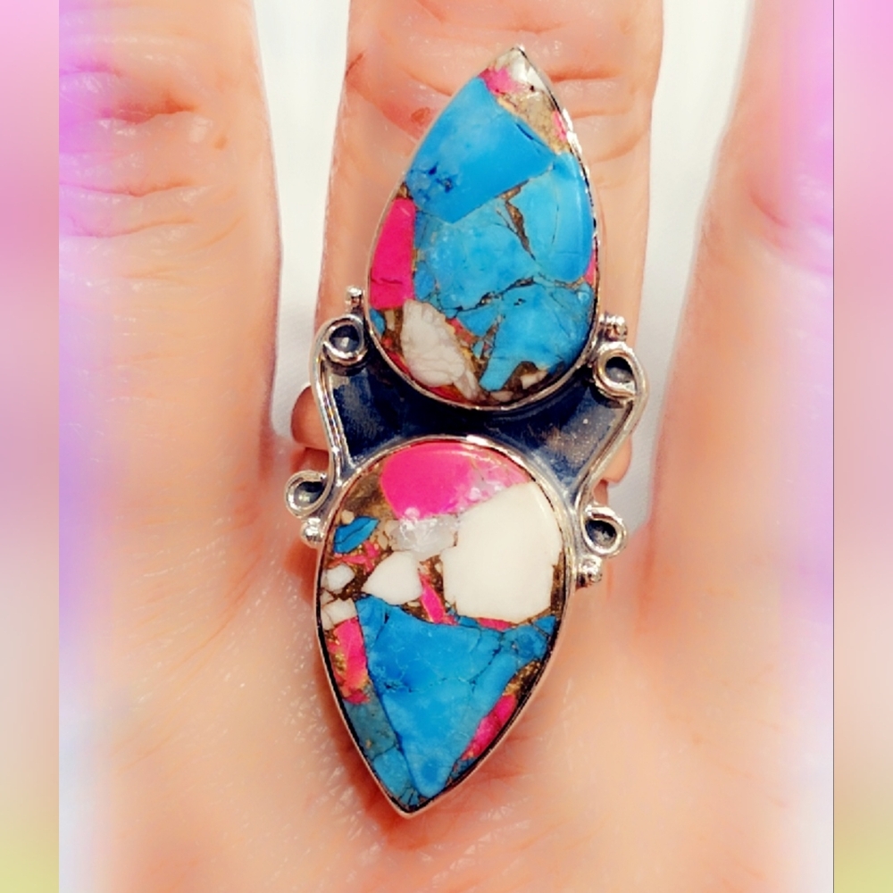 Cotton Candy Turquoise Sterling Gemstone Ring - Picture 1 of 3